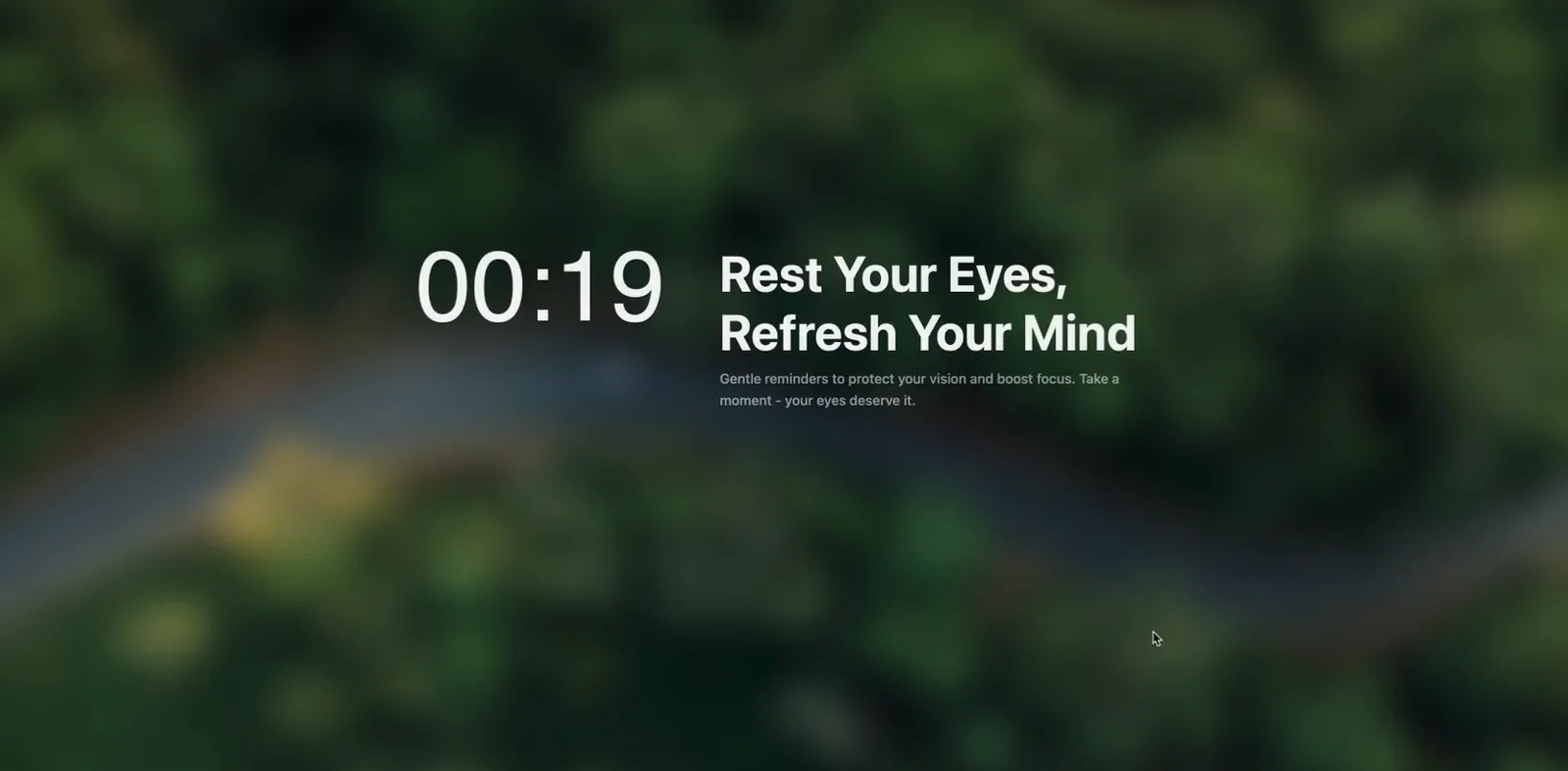 DeskRest eye-break overlay during our setup test: 19-second countdown with 'Rest Your Eyes, Refresh Your Mind'
